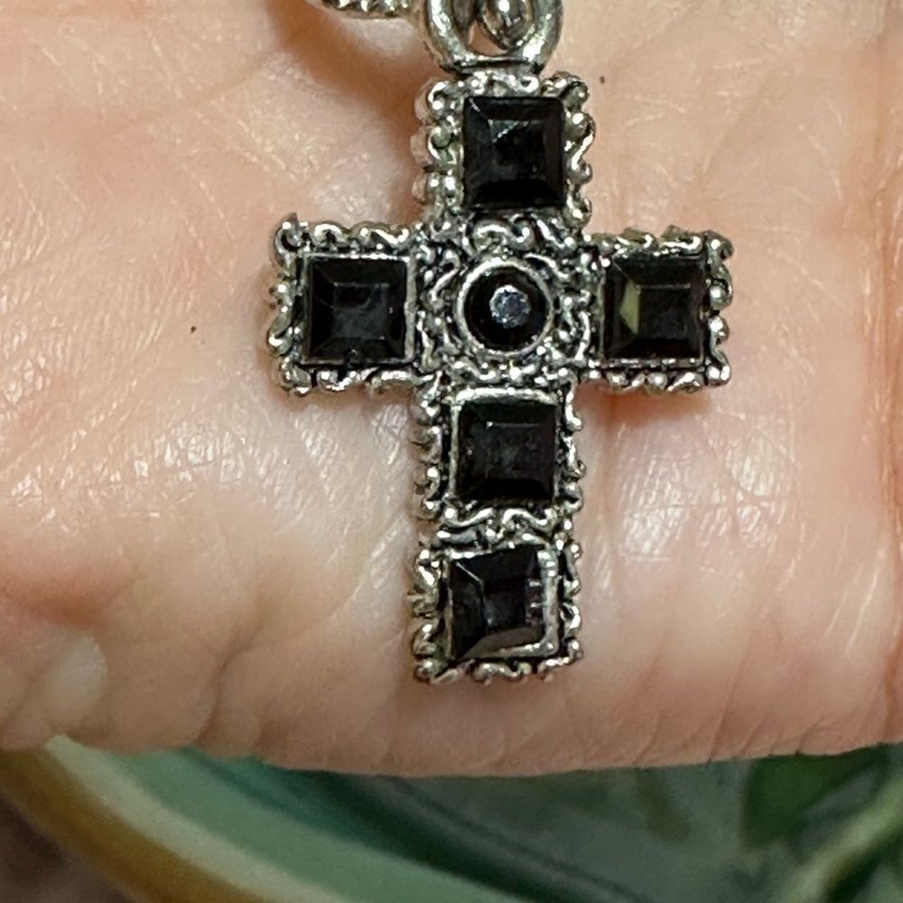 Handcrafted Gray & Silver Tones Bracelet Toggle Closure 7” Cross Charm - Picture 3 of 4
